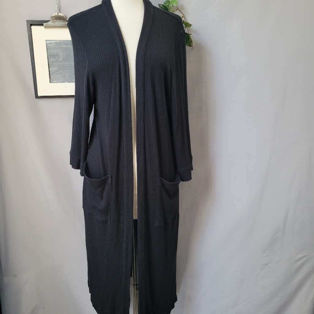 Whimsy + Row Frances Ribbed Modal Robe Duster Cardigan‎ Black M - Picture 3 of 16